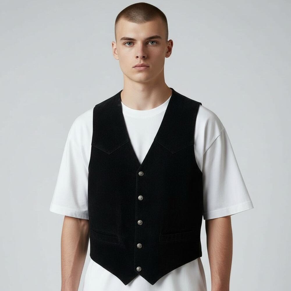 VTG MODAL of NEW YORK Black Leather Cut to Fit Dress Vest Snap Buttons Medium